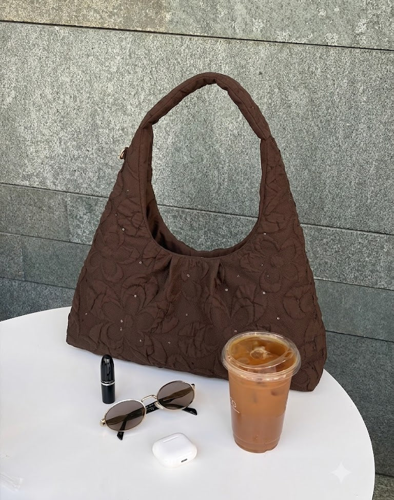 Rome | Özel Çiçek Desen Kahverengi Hobo Çanta
